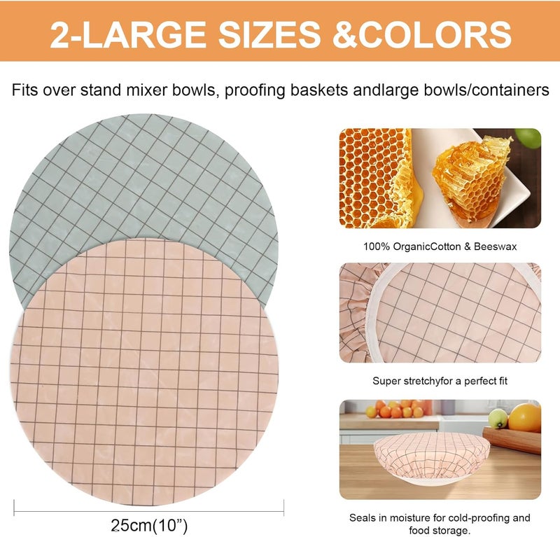 BERBAM Reusable Bowl Covers for Bread Proofing（2 Large）- Cotton Beeswax Bowl Covers Reusable with Elastic Rim, Sourdough Bowl Cover for Food Storage and Food Preservation (10INCH)(tartan) - Image 2