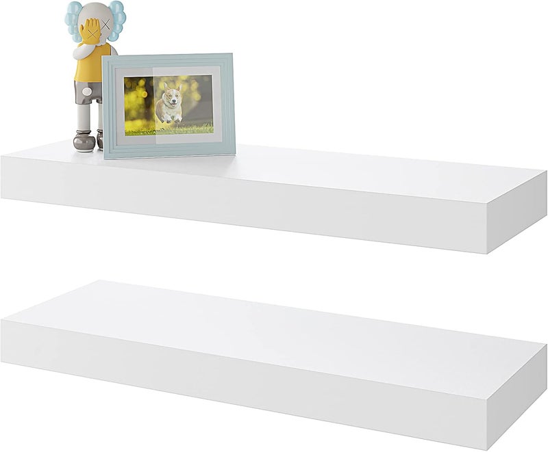 BAMEOS Floating Shelves, White Wall Mounted Wooden Shelves with Invisible Brackets Set of 2, Hanging Wall Shelves Decoration for Bedroom, Bathroom, Living Room and Kitchen - Image 1