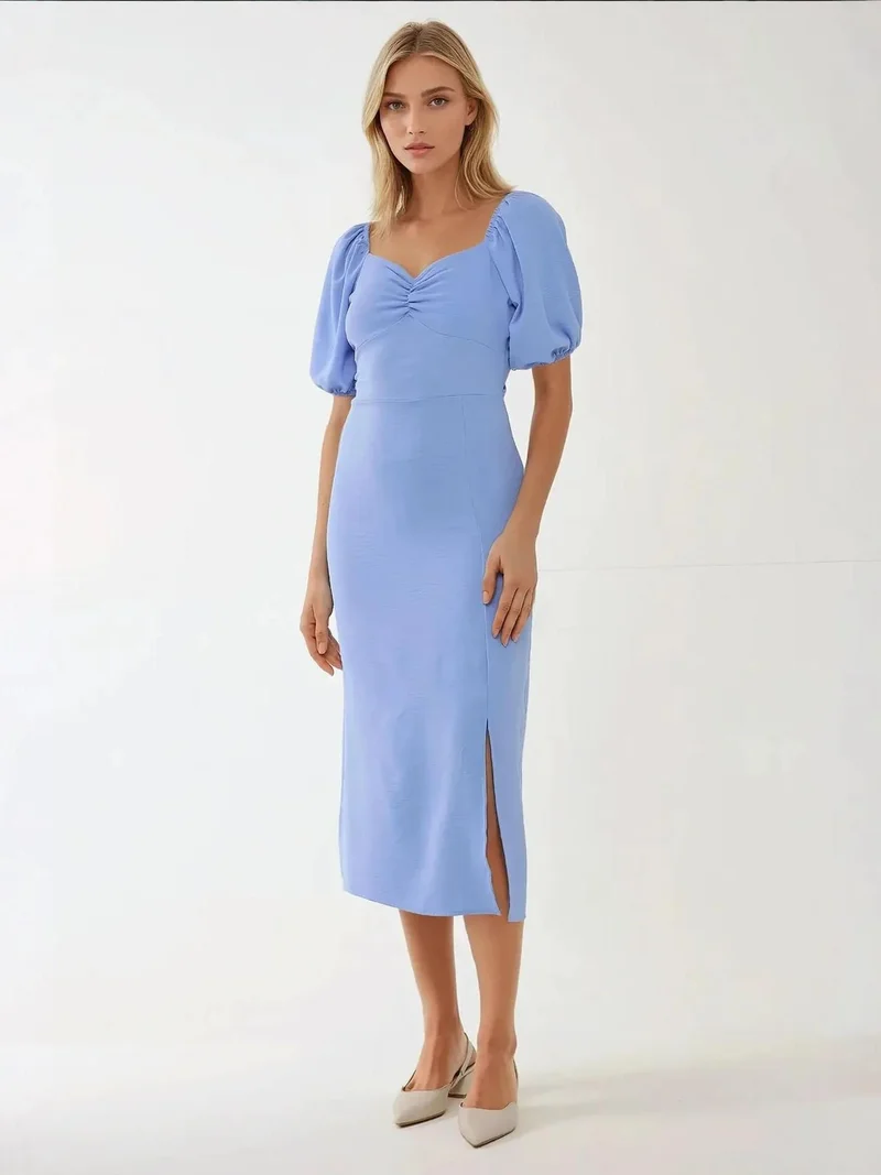 Hiccup Blue Fitted Maxi Dress with Heart Collar for Women | Best Price UAE