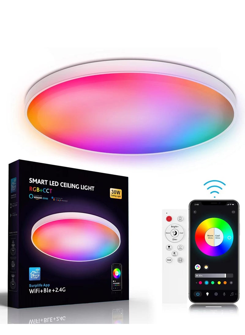 12Inch 30W Smart WIFI Bluetooth Control Ceiling Light Round RGB LED Remote Color Changing Dimmable Ceiling Lamp Voice Control Compatible With Alexa Google Home For Bedroom Audiovisual Room Flush Mount Ceiling Light  - Image 1