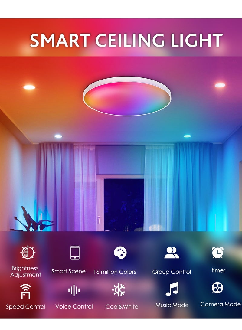 12Inch 30W Smart WIFI Bluetooth Control Ceiling Light Round RGB LED Remote Color Changing Dimmable Ceiling Lamp Voice Control Compatible With Alexa Google Home For Bedroom Audiovisual Room Flush Mount Ceiling Light  - Image 2