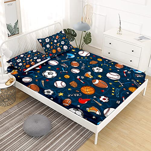 Gusuhome Boys Sports Fitted Sheet Full/Queen Size 3D Soccer Basketball Baseball Football Bedding for Kids Teens Bedroom Comfy Deep Pocket Bed Sheet Set Decorative for Sports Fans Blue - Image 2
