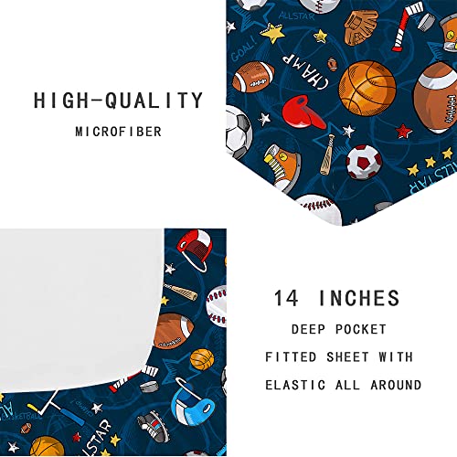 Gusuhome Boys Sports Fitted Sheet Full/Queen Size 3D Soccer Basketball Baseball Football Bedding for Kids Teens Bedroom Comfy Deep Pocket Bed Sheet Set Decorative for Sports Fans Blue - Image 5