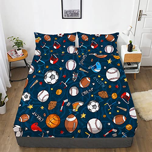 Gusuhome Boys Sports Fitted Sheet Full/Queen Size 3D Soccer Basketball Baseball Football Bedding for Kids Teens Bedroom Comfy Deep Pocket Bed Sheet Set Decorative for Sports Fans Blue - Image 1