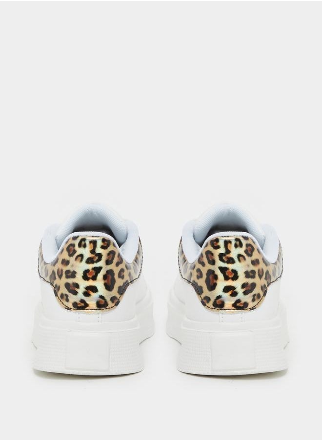 Styli - Animal Print Trim Round Toe Lace-Up Sneakers - Image 1