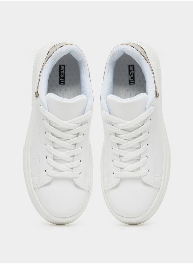 Styli - Animal Print Trim Round Toe Lace-Up Sneakers - Image 1