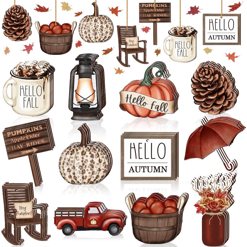 Maitys 36 Pcs Fall Wood Ornaments Thanksgiving Decor for Tree Hello Fall Harvest Hanging Ornament Vintage Autumn Pumpkin Gnome Leaf Truck Wood Cutouts with Rope for Home Christmas Tree Holiday (Simple) - Image 1