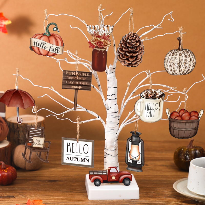Maitys 36 Pcs Fall Wood Ornaments Thanksgiving Decor for Tree Hello Fall Harvest Hanging Ornament Vintage Autumn Pumpkin Gnome Leaf Truck Wood Cutouts with Rope for Home Christmas Tree Holiday (Simple) - Image 2
