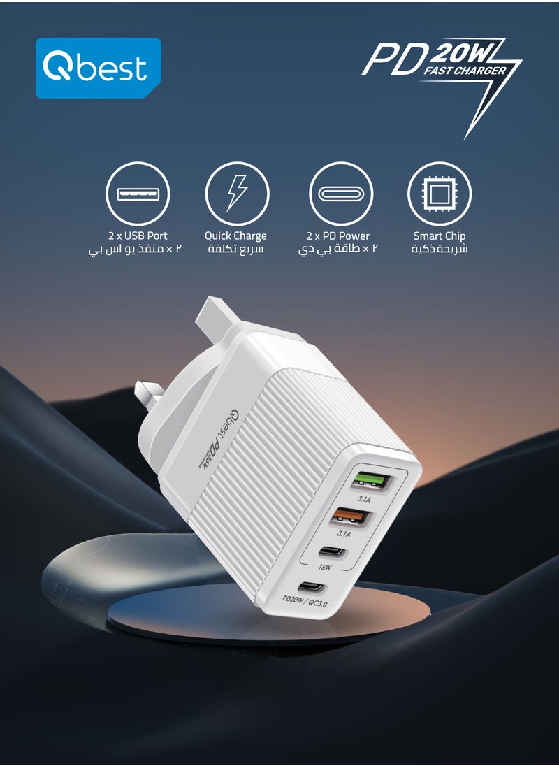 Qbest - 36W PD Fast Charger – 20W & 15W Type-C PD Ports and 2 USB 3.1A Ports for iPhone, Samsung, and More - Image 1
