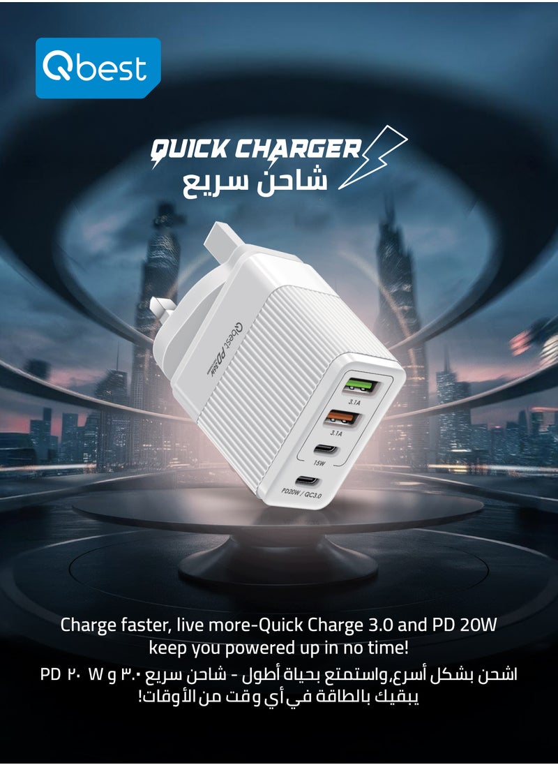 Qbest - 36W PD Fast Charger – 20W & 15W Type-C PD Ports and 2 USB 3.1A Ports for iPhone, Samsung, and More - Image 1