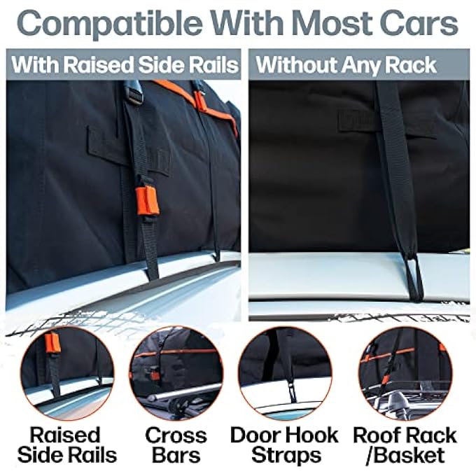rayihni 23 cft. Extra Waterproof Rooftop Cargo Carrier Bag, Double Weatherproof Zippers, Integrated Mat, 10 Heavy-Duty Tie-Down Straps fit Cars with/Without a Rack or Side Rails, Safety Hooks Included - Image 3