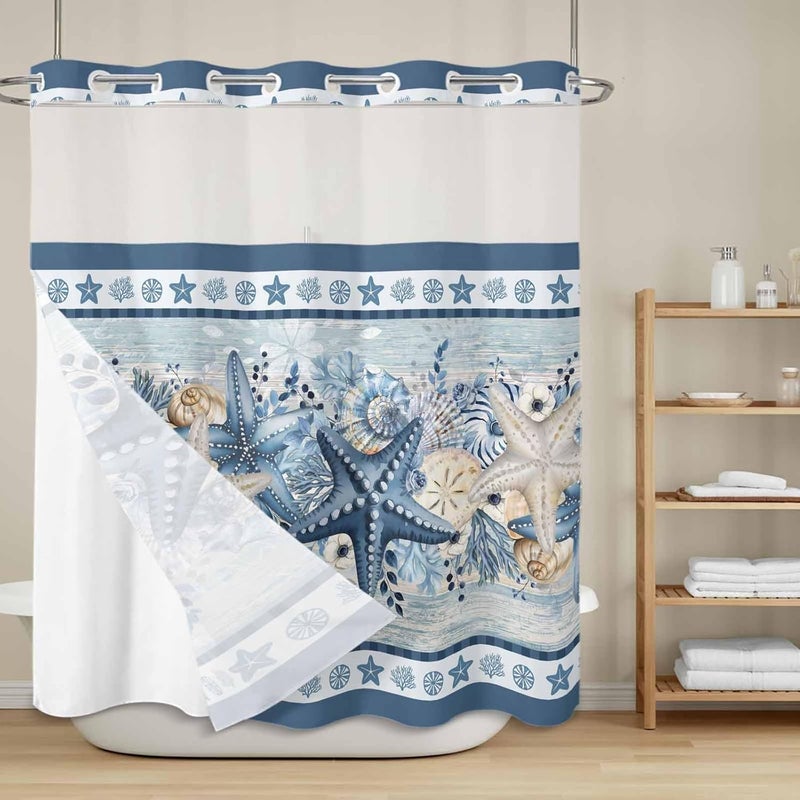 No Hook Shower Curtain and Liner Set, Navy Blue Starfish Coastal Snap in Shower Curtain Set, Beach Coral Botanical Nautical Waterproof Fabric Bathroom Curtain with See Through Top Window 72"x72" - Image 2