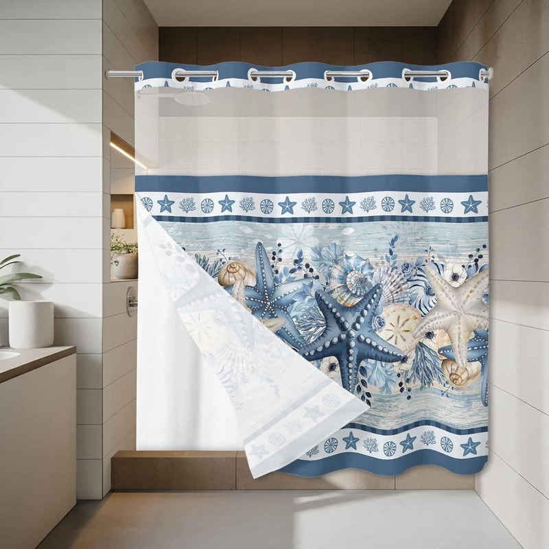 No Hook Shower Curtain and Liner Set, Navy Blue Starfish Coastal Snap in Shower Curtain Set, Beach Coral Botanical Nautical Waterproof Fabric Bathroom Curtain with See Through Top Window 72"x72" - Image 3