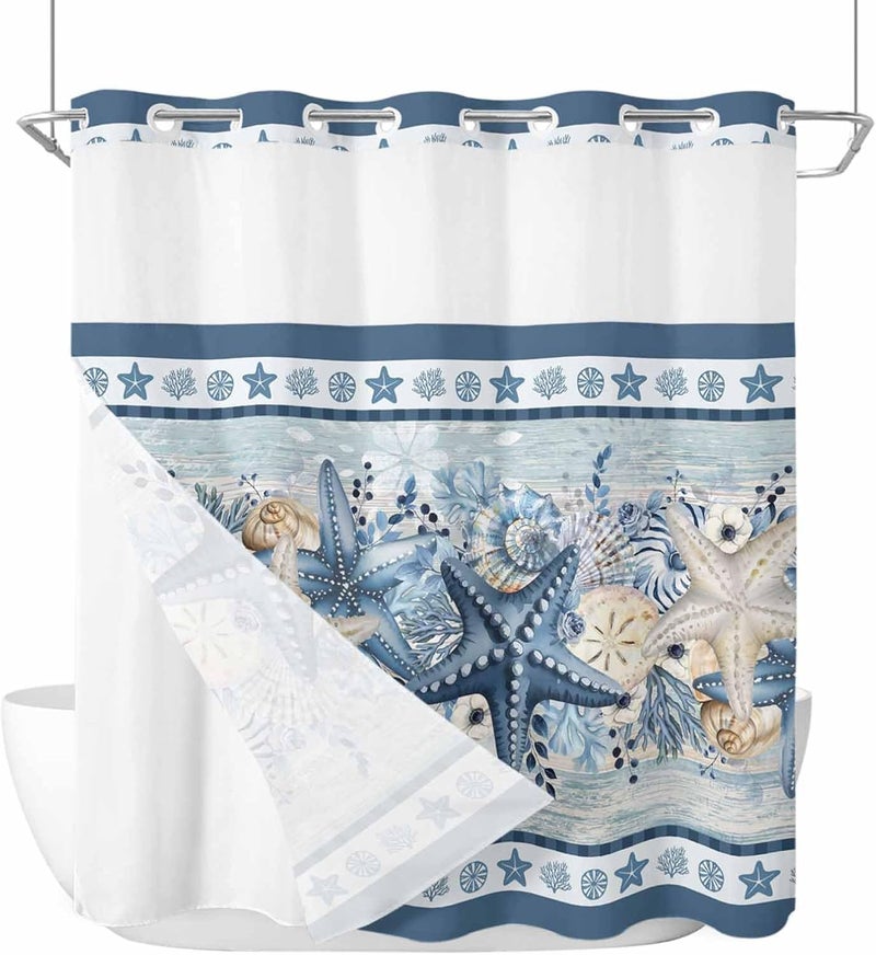 No Hook Shower Curtain and Liner Set, Navy Blue Starfish Coastal Snap in Shower Curtain Set, Beach Coral Botanical Nautical Waterproof Fabric Bathroom Curtain with See Through Top Window 72"x72" - Image 1