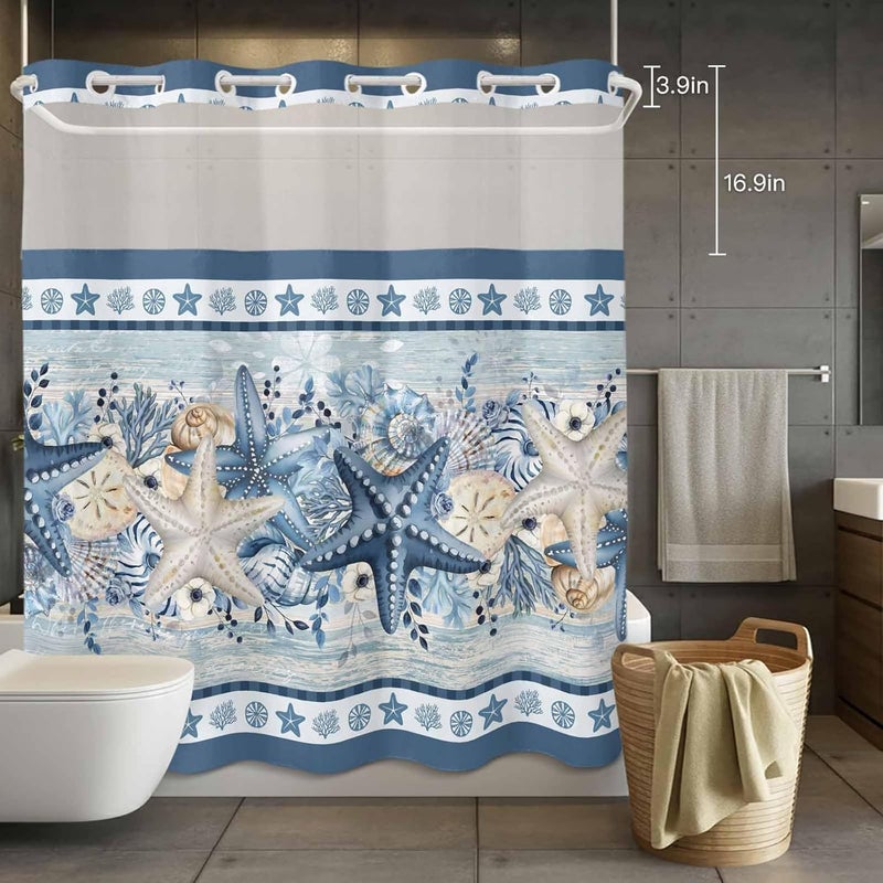 No Hook Shower Curtain and Liner Set, Navy Blue Starfish Coastal Snap in Shower Curtain Set, Beach Coral Botanical Nautical Waterproof Fabric Bathroom Curtain with See Through Top Window 72"x72" - Image 4