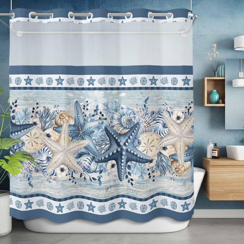 No Hook Shower Curtain and Liner Set, Navy Blue Starfish Coastal Snap in Shower Curtain Set, Beach Coral Botanical Nautical Waterproof Fabric Bathroom Curtain with See Through Top Window 72"x72" - Image 5