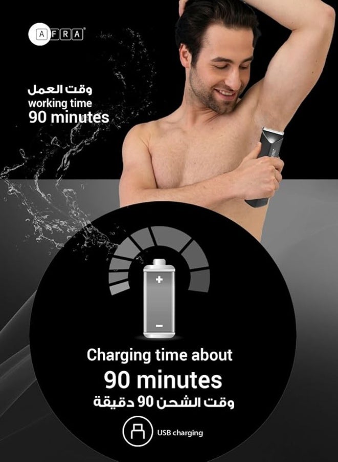 عفرا ماكينة تشذيب شعر الجسم | رأس قص نانو سيراميك | مقاومة للماء بالكامل | للاستخدام الجاف والرطب | شاشة رقمية ذكية | بطارية ٦٠٠ مللي أمبير/ساعة | شحن USB | مقاومة للماء IPX7 | ضمان لمدة عام | AF-0600HTBK - Image 2