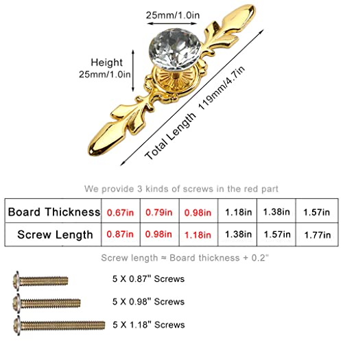 ESreake 5 Pack Gold Diamond Clear Crystal Glass Decorative Knobs with Plate,Drawer Dresser Pulls Handles with 3 Kinds of Screws for Kitchen Bathroom Office Decoration (5 Pack, Small, Golden) - Image 2