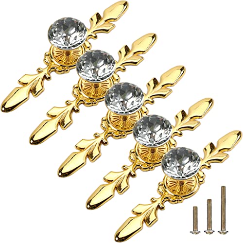 ESreake 5 Pack Gold Diamond Clear Crystal Glass Decorative Knobs with Plate,Drawer Dresser Pulls Handles with 3 Kinds of Screws for Kitchen Bathroom Office Decoration (5 Pack, Small, Golden) - Image 1