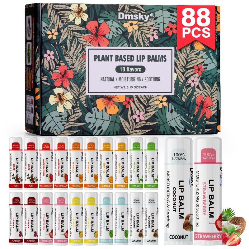 88 Pack Lip Balm Bulk Fruit Lip Balm Variety Pack Natural Moisturizing Balms for Dry Cracked Lips Hydrating for Men Women Kids 10 Flavors