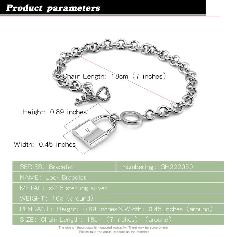 Dankadi Charm Women 925 Sterling Silver Key Lock Pendant Bracelet Fashion Solid Silver Rolo Chain Bangle Fine Jewelry Gift For Wife & Girlfriend (Square lock style, 7.5 inche) - Image 3