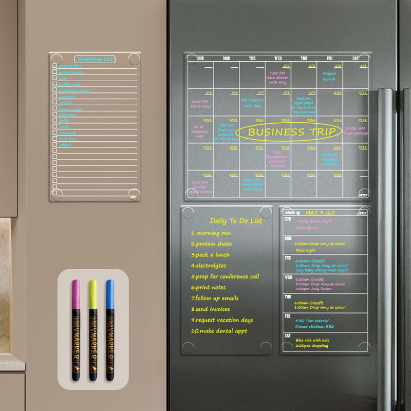 JJPRO Non-Magnetic Dry Erase Monthly Calendar for Fridge-Clear Monthly Calendar, Weekly Planner, List and Blank Board. Clear Reusable Calendar Stick to Fridge,Cabinet,Door&Glass - Image 1