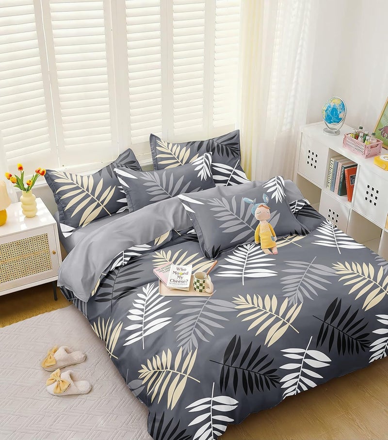 FRESH FROM LOOM FRESH FROM LOOM Summer Collection Super Soft King Size 1pc AC Comforter 1 King Size Elastic Fitted Bedsheet 72x78x10 Inch and 2 Large Pillow Cover 4 Piece Comforter Set Grey Leaves 