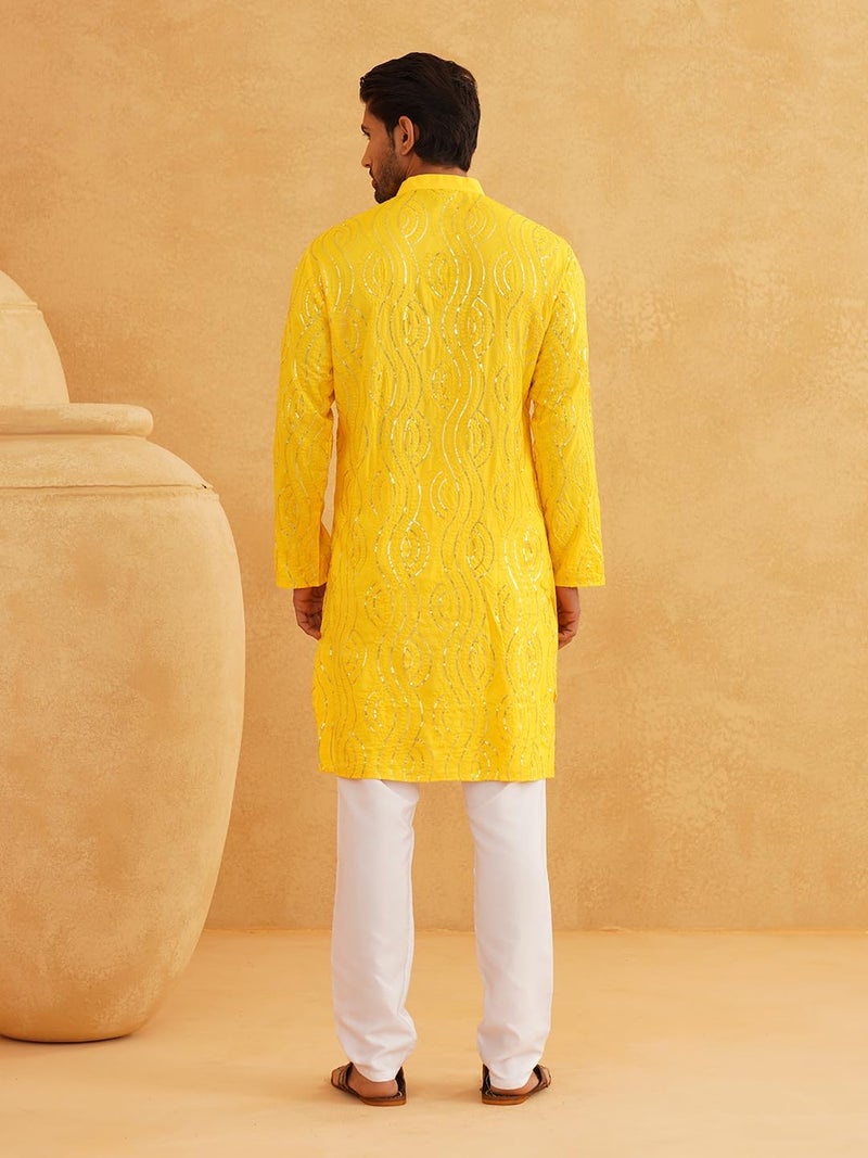 SOJANYA (Since 1958 Men's Embroidered Sequinned Cotton Mustard Long Kurta - Image 4