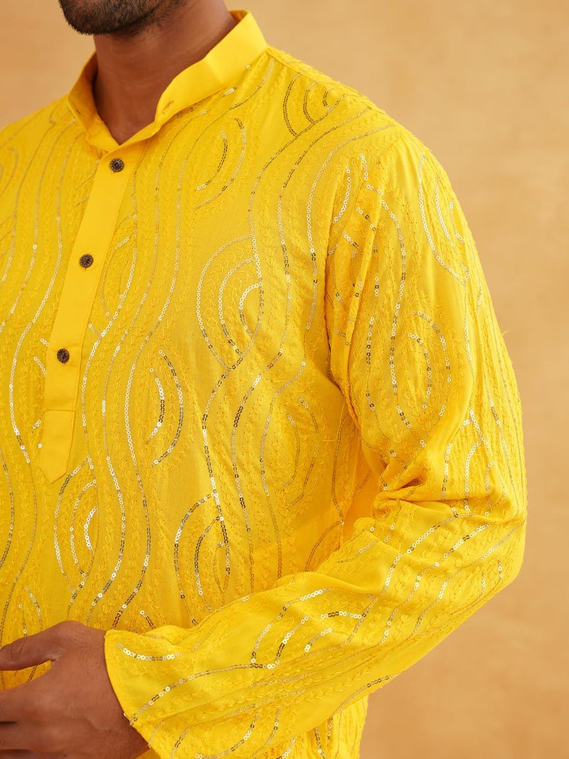SOJANYA (Since 1958 Men's Embroidered Sequinned Cotton Mustard Long Kurta - Image 5