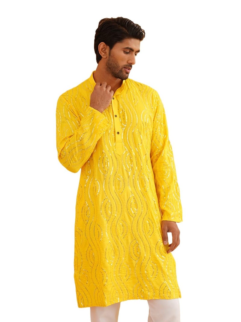 SOJANYA (Since 1958 Men's Embroidered Sequinned Cotton Mustard Long Kurta - Image 1
