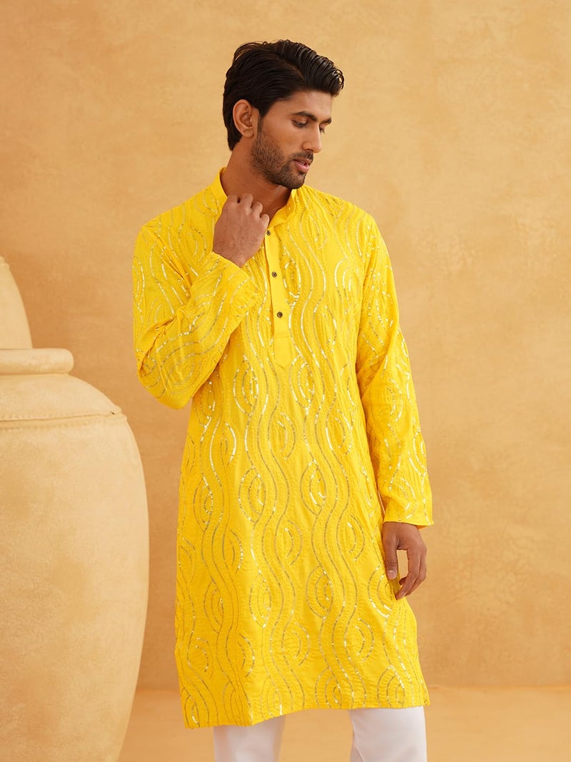 SOJANYA (Since 1958 Men's Embroidered Sequinned Cotton Mustard Long Kurta - Image 2