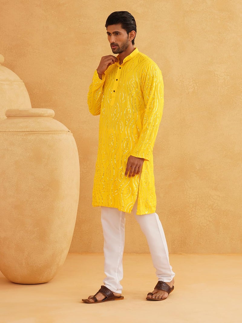 SOJANYA (Since 1958 Men's Embroidered Sequinned Cotton Mustard Long Kurta - Image 3