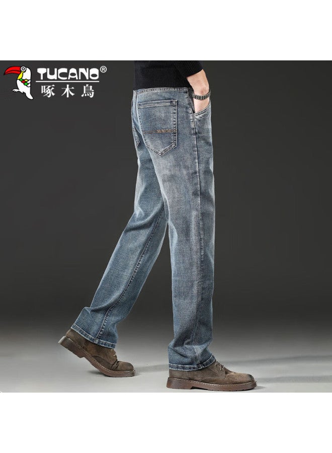 Tucano Men's Straight Leg Jeans Men's Spring Casual Pants Men's Loose Elastic Wide Leg Trousers Blue Gray 38 - Image 2