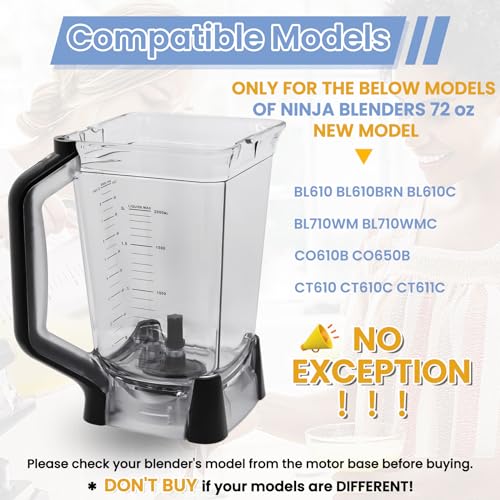 WARDFYT Replacement Pitcher 72 oz XL Compatible with Ninja Blender (New Model) BL610, 72oz Crushing Pitchers Replacement for Ninja BL710WM BL710WMC CO610B CO650B CT610 - Image 2