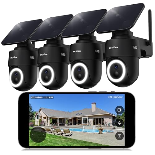 LaView 2K Solar Camera Outdoor Wireless, 100% Wire-Free WiFi Cameras for Home Security, 360° Rechargeable Battery Outdoor Camera, IP65, Color Night Vision, Two-Way Audio, Work with Alexa(4 Pack) - Image 1