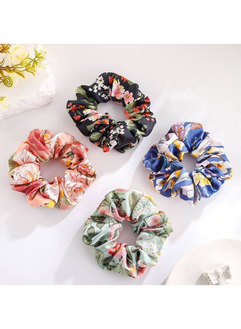 Barakah Hair Scrunchies Satin Hair Ties – Elastic Ponytail Holder for Women & Girls, 4PCS Set with Flower Design, Large Jumbo Scrunchies for Thick Curly Hair, Oversized Satin Hair Bands (4 Colors) - Image 3