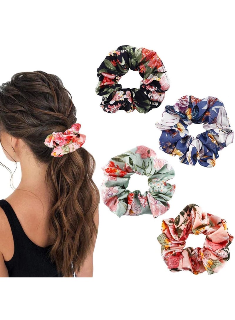 Barakah Hair Scrunchies Satin Hair Ties – Elastic Ponytail Holder for Women & Girls, 4PCS Set with Flower Design, Large Jumbo Scrunchies for Thick Curly Hair, Oversized Satin Hair Bands (4 Colors) - Image 1