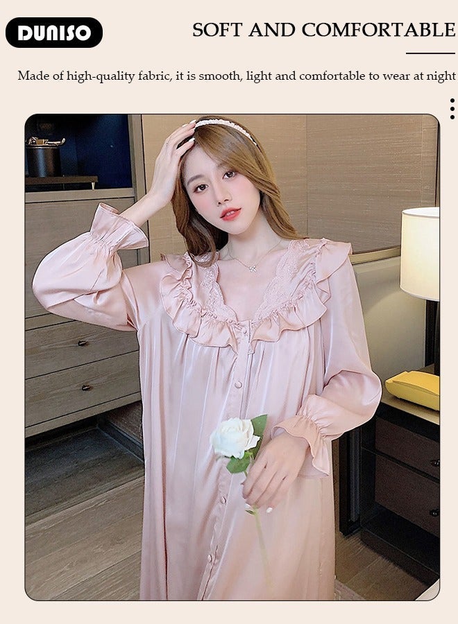 DUNISO Women's Long Sleeve Nightgown, Soft Comfortable Cotton Sleepwear Dress, Breathable V Neck Ice Silk Home Wear, Lounge Dress for Can Be Worn Outside - Image 3