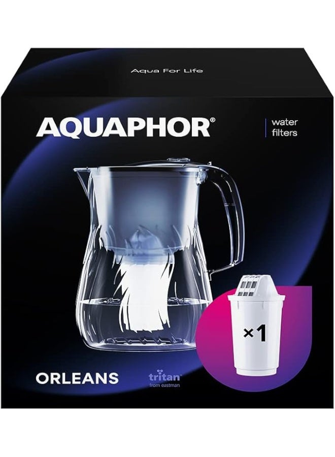 Aquaphor AQUAPHOR Orleans Water Filter Jug 4.2L Black | Reduces Limescale, Chlorine & Impurities | Includes 1x A5 Mg Cartridge (350L) | Premium Glass-Effect Pitcher with Added Magnesium  - Image 1