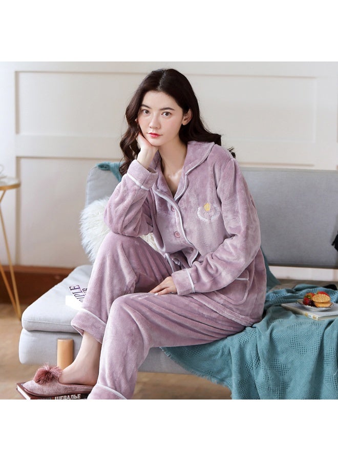 New Autumn Winter Women's Coral Fleece Nightwear Set with Lapel Cardigan - Flannel Home Pajamas for Women