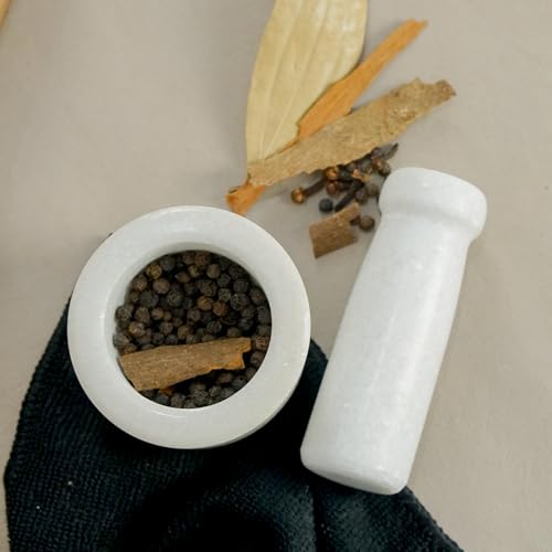 OGGN White Marble Mortar Pestle Set, Imam Dasta, Natural Stone Okhli, Spice Mixer Kharal, Kitchen Khalbatta Masher, Ginger Garlic Crusher, Masala Kutni for Kitchen (3 X 2 Inch) - Image 3