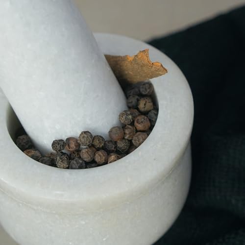 OGGN White Marble Mortar Pestle Set, Imam Dasta, Natural Stone Okhli, Spice Mixer Kharal, Kitchen Khalbatta Masher, Ginger Garlic Crusher, Masala Kutni for Kitchen (3 X 2 Inch) - Image 4