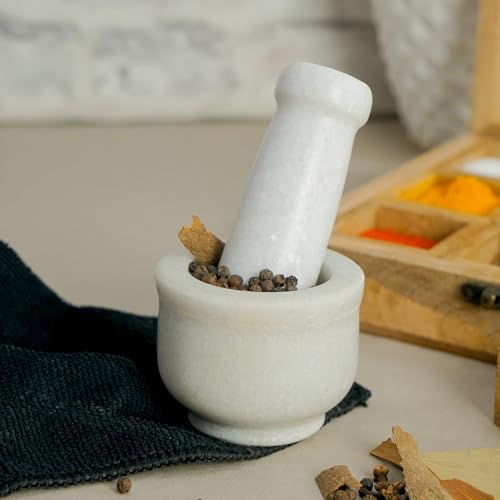 OGGN White Marble Mortar Pestle Set, Imam Dasta, Natural Stone Okhli, Spice Mixer Kharal, Kitchen Khalbatta Masher, Ginger Garlic Crusher, Masala Kutni for Kitchen (3 X 2 Inch) - Image 1