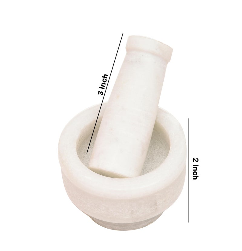 OGGN White Marble Mortar Pestle Set, Imam Dasta, Natural Stone Okhli, Spice Mixer Kharal, Kitchen Khalbatta Masher, Ginger Garlic Crusher, Masala Kutni for Kitchen (3 X 2 Inch) - Image 5