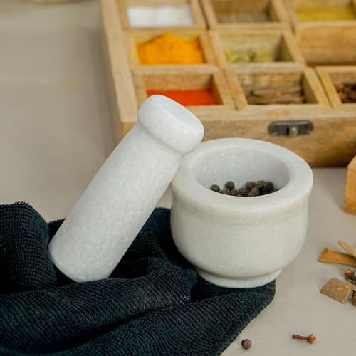 OGGN White Marble Mortar Pestle Set, Imam Dasta, Natural Stone Okhli, Spice Mixer Kharal, Kitchen Khalbatta Masher, Ginger Garlic Crusher, Masala Kutni for Kitchen (3 X 2 Inch) - Image 2