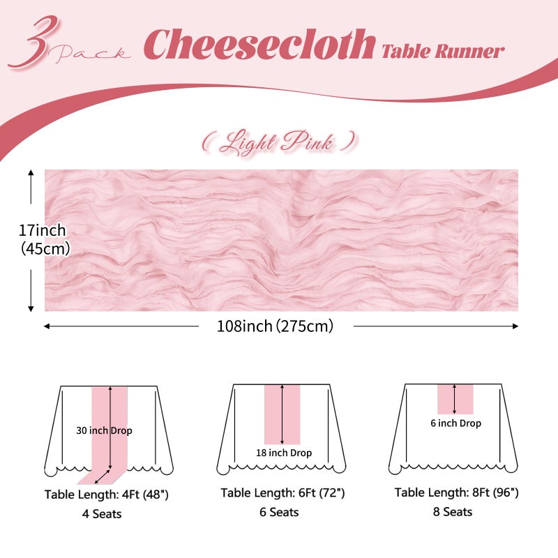 ACSUIT 3 Pack Light Pink Cheesecloth Table Runner, 17 x 108 inch, Semi Sheer Boho Cheese Cloth Fabric Table Runner Bulk for Wedding, Birthday, Party, Holiday, Home Decor (Light Pink) - Image 3