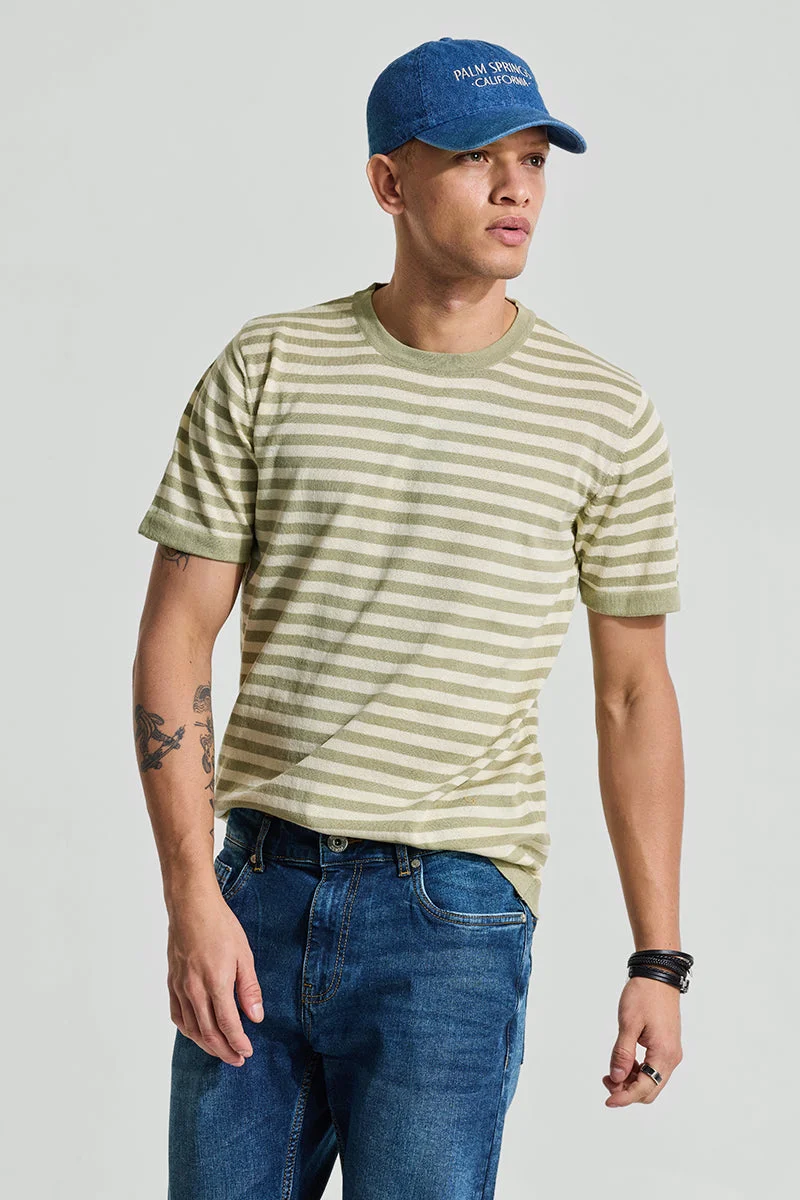 SNITCH Olive Stripes Slim Fit T-Shirt