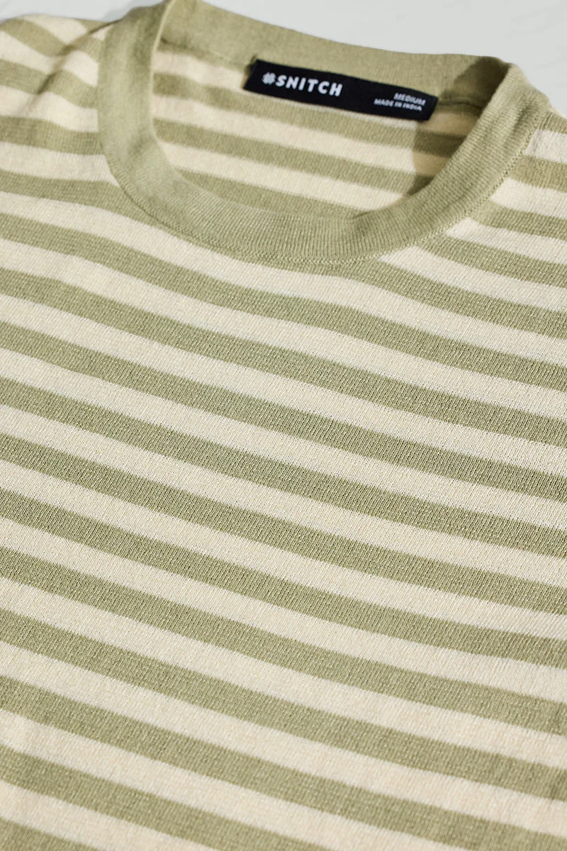 SNITCH Olive Stripes Slim Fit T-Shirt