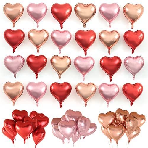 Golray 24pcs Heart Foil Balloons Love Red Pink Gold Rose 18 Inch Mylar Balloon for Valentine Day Decorations Backdrop Balloons Wall Romantic Night Proposal Wedding Anniversary Valentine Party Decor - Image 1