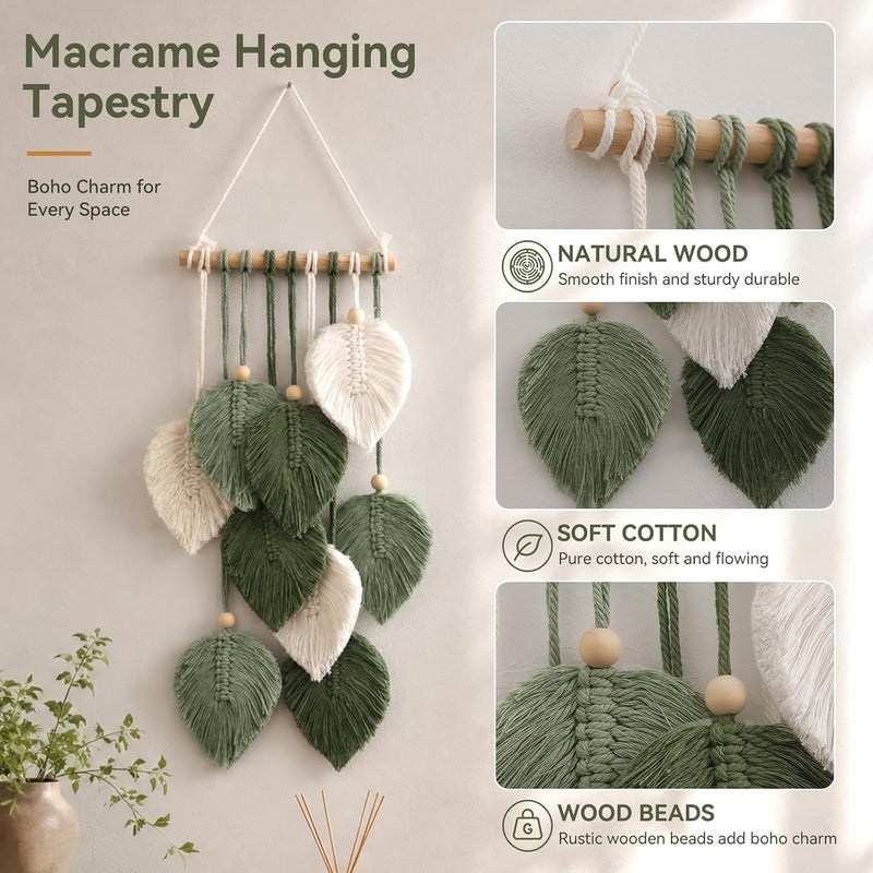 Artilady Green Macrame Leaf Wall Hanging Tapestry Boho Wall Decor | Handmade Soft Cotton Fringe, Natural Wooden Beads, Mordern Chic Decor for Bedroom Living Room Nursery - Image 4
